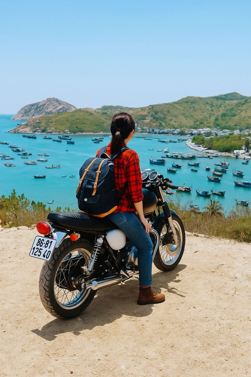 Dừng xe máy dọc đường ngắm nhìn biển ở Lagi